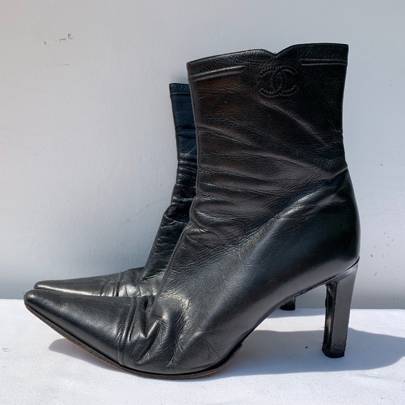 CHANEL Black Lambskin Leather CC Ankle Boots - Picture 1 of 6